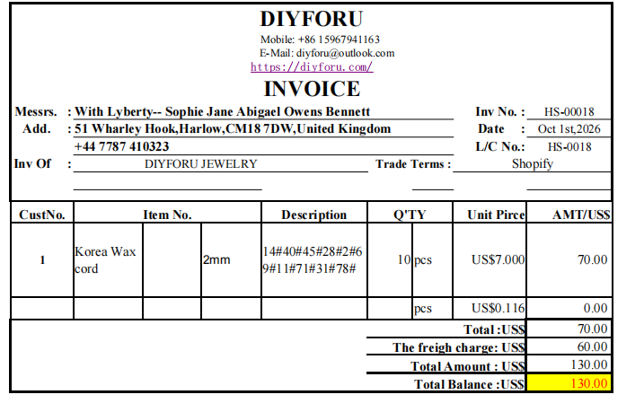 Wholesale order balance --With Lyberty payment Oct 1st 2026