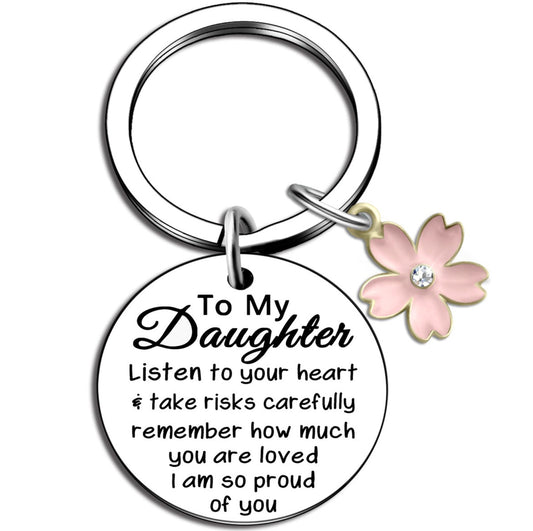 Pink Flower Words Keychain Stainless Steel Keychain Mom and Daugther