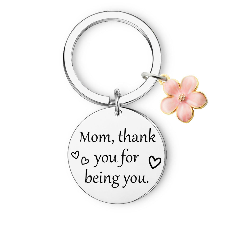 Pink Flower Words Keychain Stainless Steel Keychain Mom and Daugther