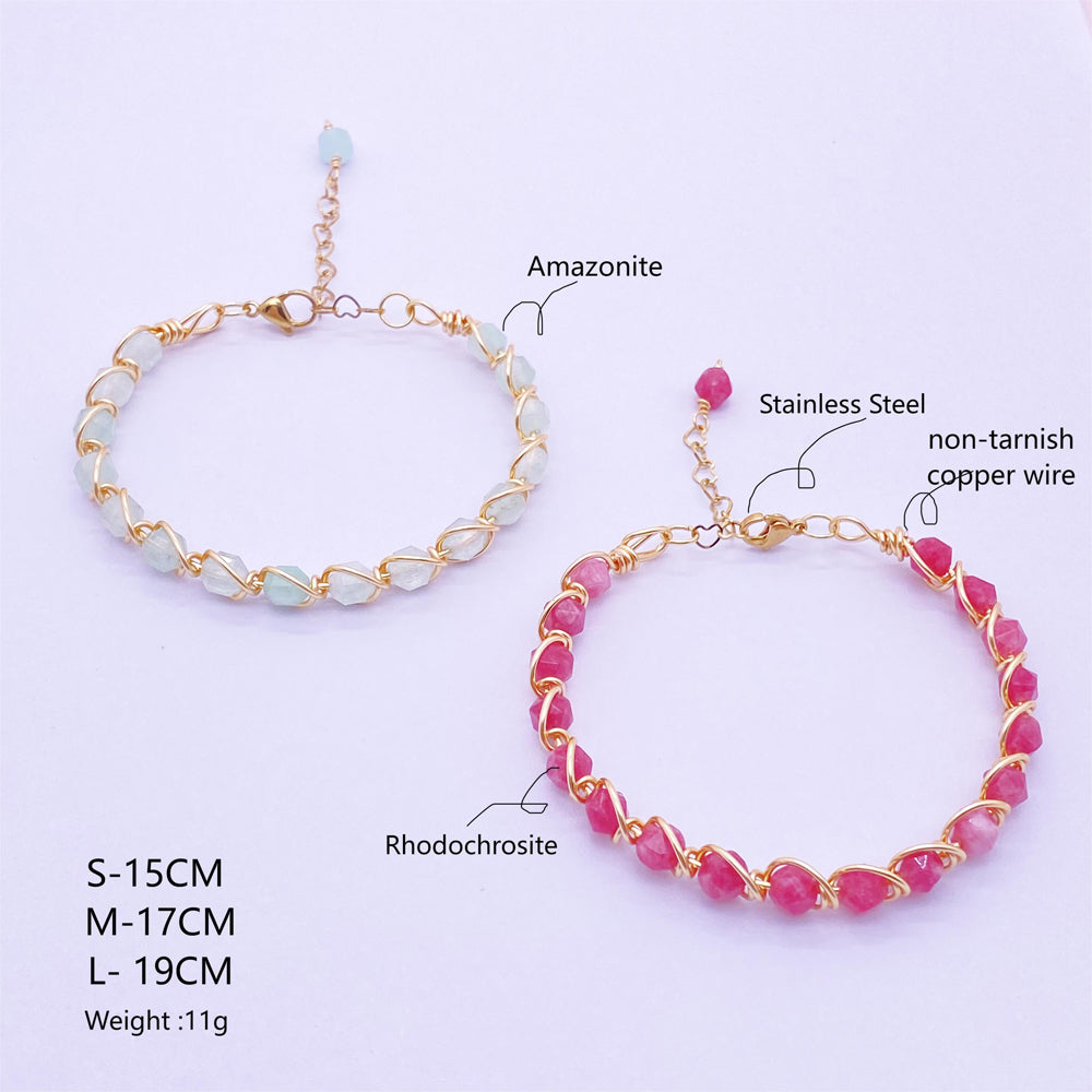 Handmade Wire wrapped Rhodonite Bangle ,Crystal Jewelry Unique gift for her