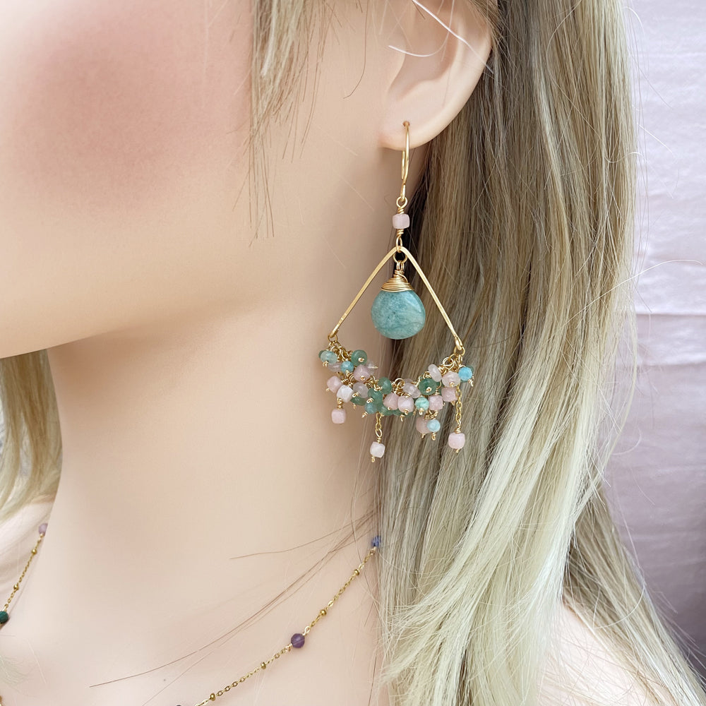 Boho Chic Crystal Drop Earrings, Handmade Wire Wrapped Beach Jewelry