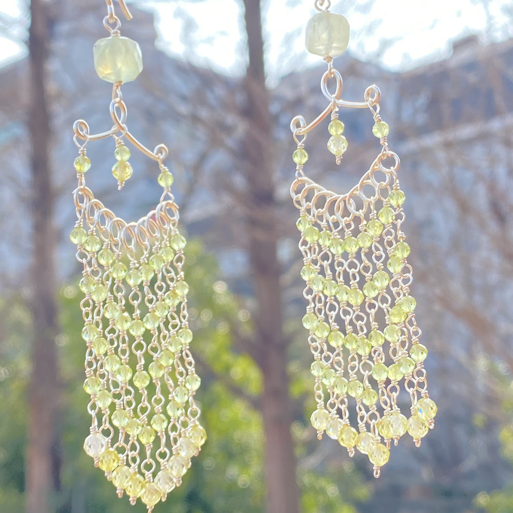Wire wrapped Peridot Earring,Boho Earring with Crystal beads,Long Drop Earrings