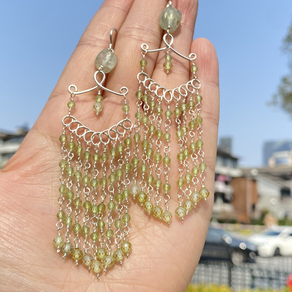 Wire wrapped Peridot Earring,Boho Earring with Crystal beads,Long Drop Earrings