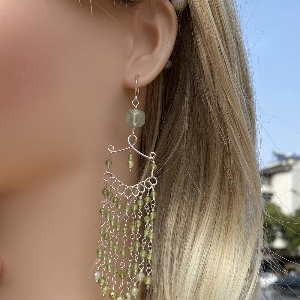 Wire wrapped Peridot Earring,Boho Earring with Crystal beads,Long Drop Earrings