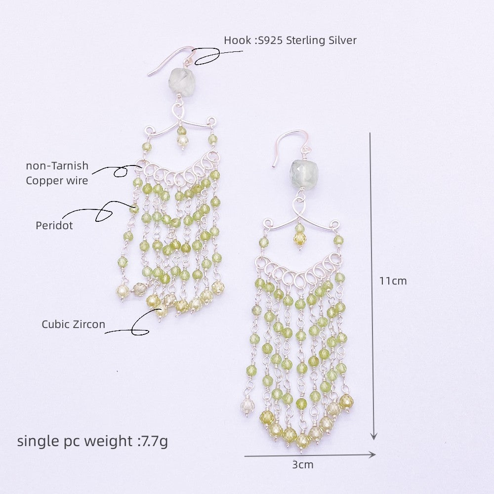 Wire wrapped Peridot Earring,Boho Earring with Crystal beads,Long Drop Earrings