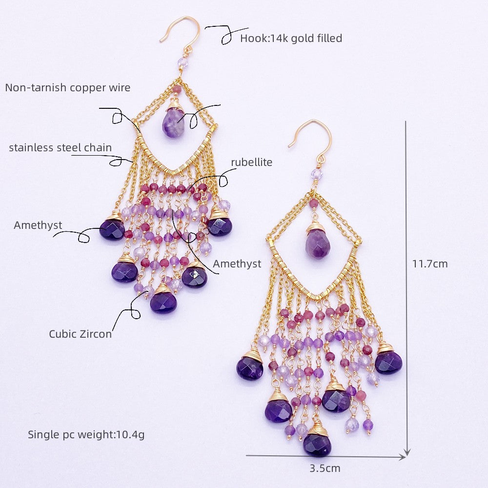 Wire Wrapped Amethyst Earrings,Boho Style Long Drop Earring,Unique Gift for her