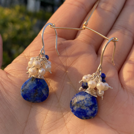Wire wrapped Lapis drop earring,Boho style earring with S925 Hook