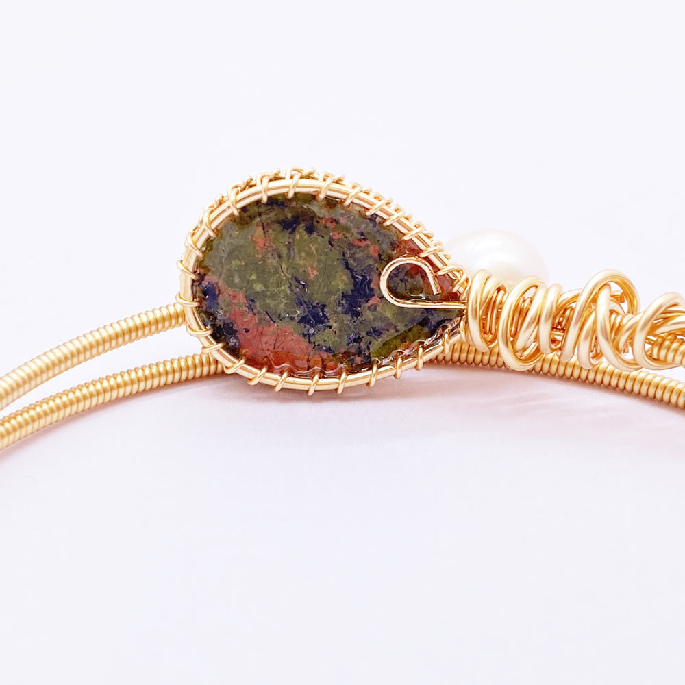 Wire Wrapped Unakite Bangle ,Wire work Jewelry ,Viking Knot Braid jewelry