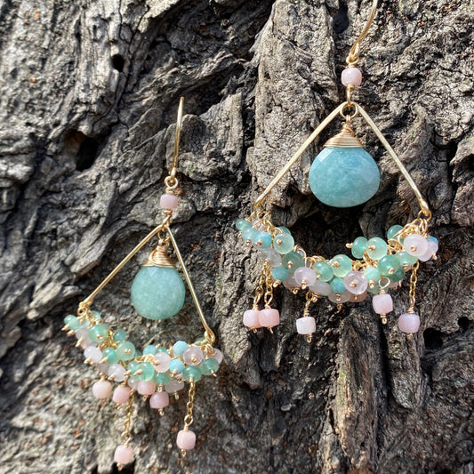 Boho Chic Crystal Drop Earrings, Handmade Wire Wrapped Beach Jewelry