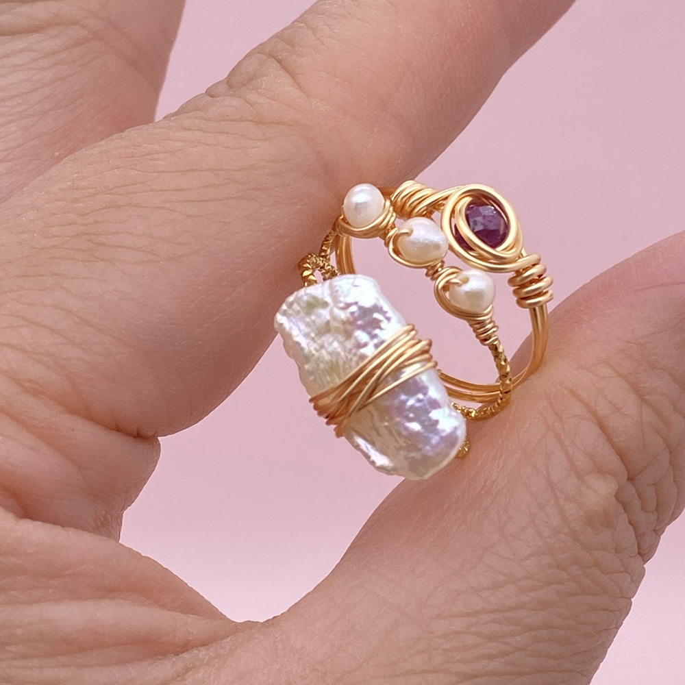 Wire wrapped Pearl Rings,Baroque Pearl Jewelry Thin Ring