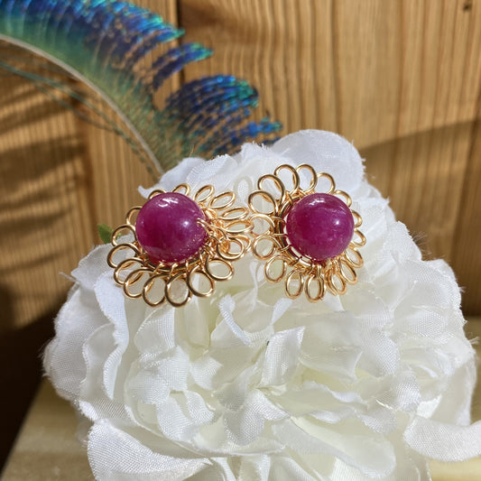 Wire wrapped Flower Earring ,Handmade Stud Earring,Indian Pink Jewelry