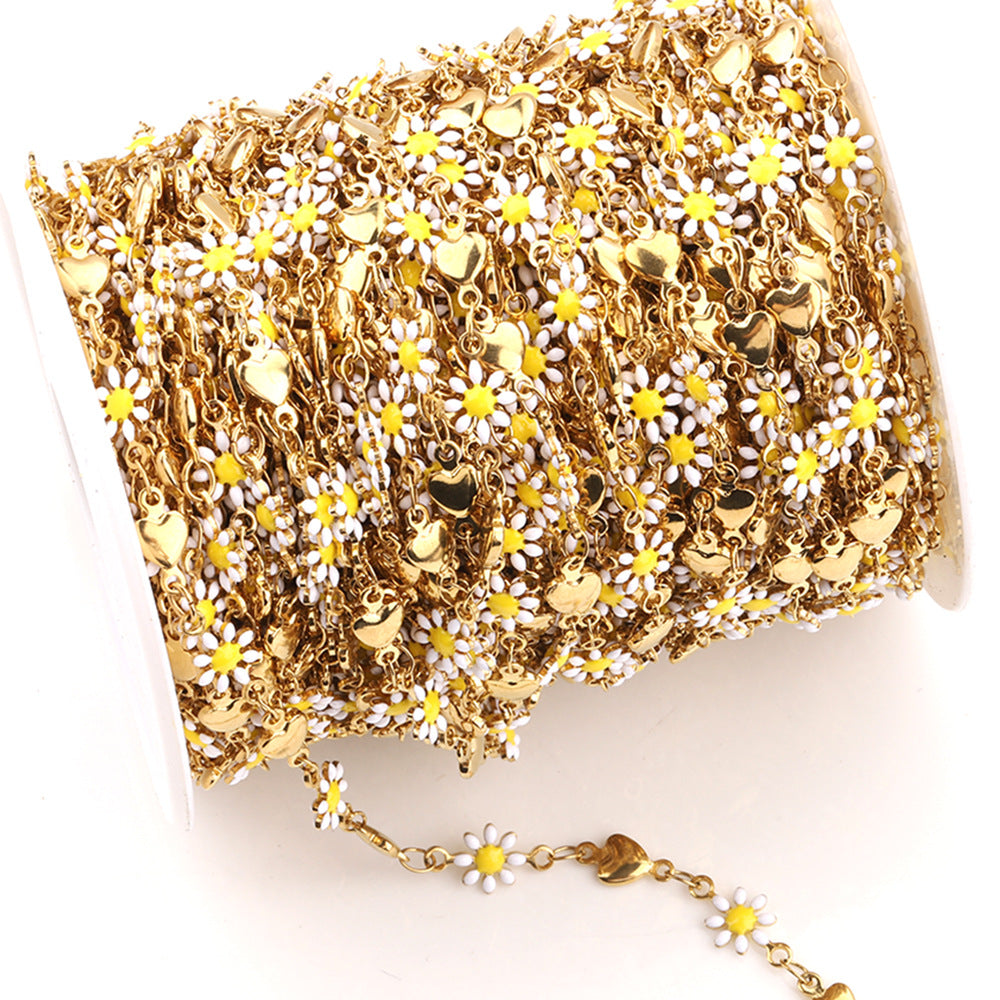 C1291 Daisy and Heart Enamel Chain-Vacuum Plating Waterproof Stainless steel chain