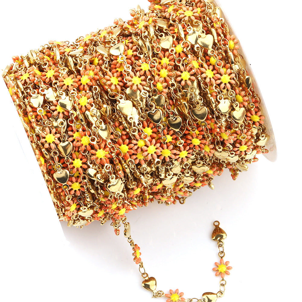 C1291 Daisy and Heart Enamel Chain-Vacuum Plating Waterproof Stainless steel chain