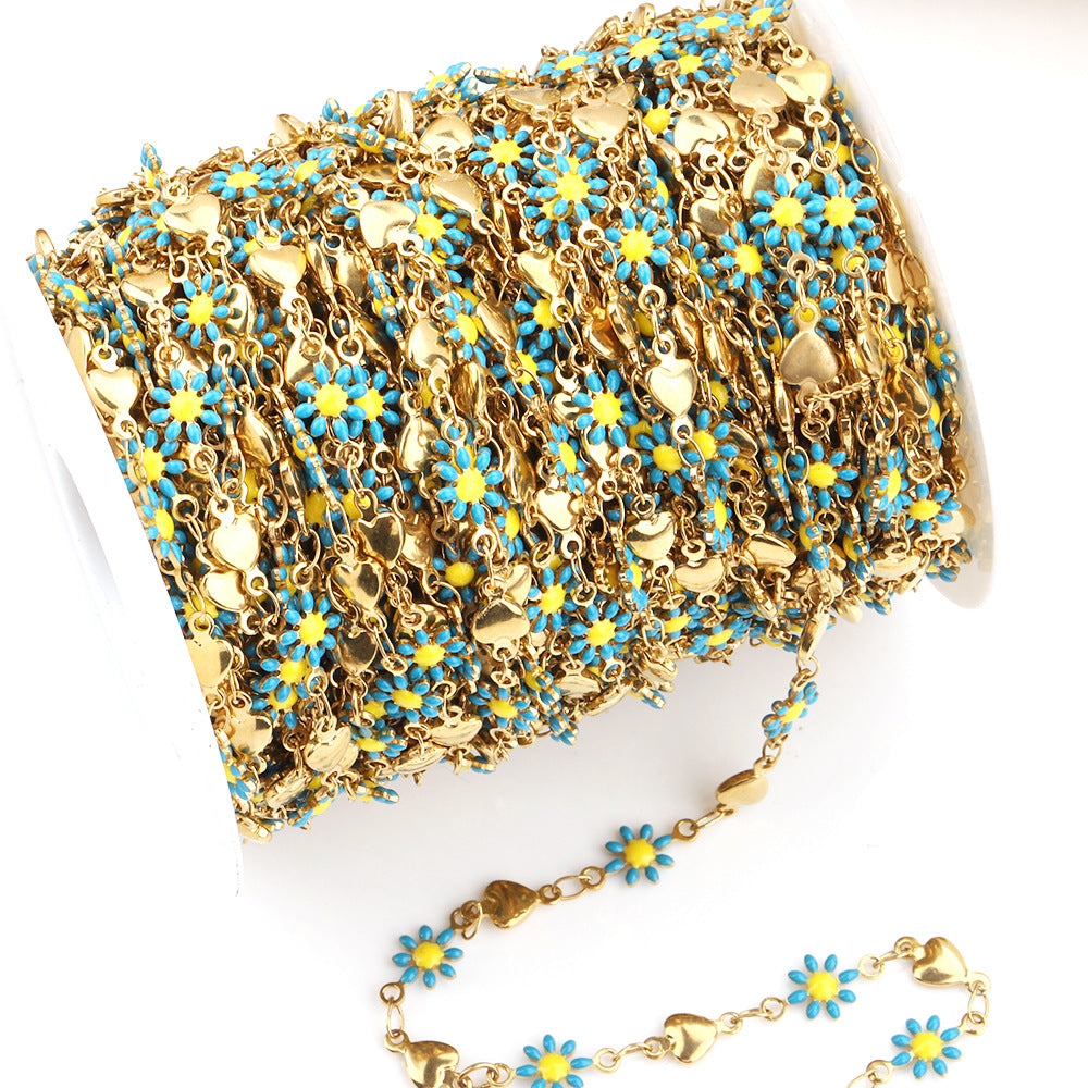 C1291 Daisy and Heart Enamel Chain-Vacuum Plating Waterproof Stainless steel chain