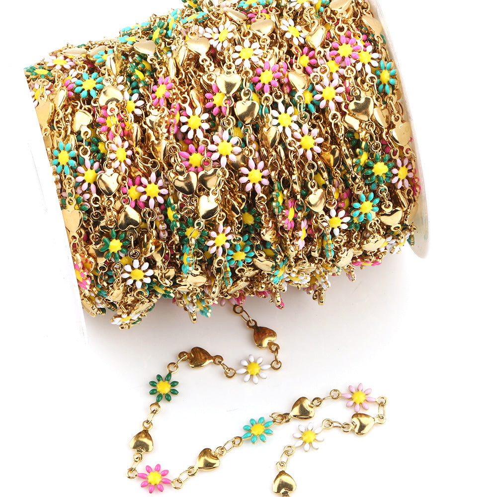 C1291 Daisy and Heart Enamel Chain-Vacuum Plating Waterproof Stainless steel chain