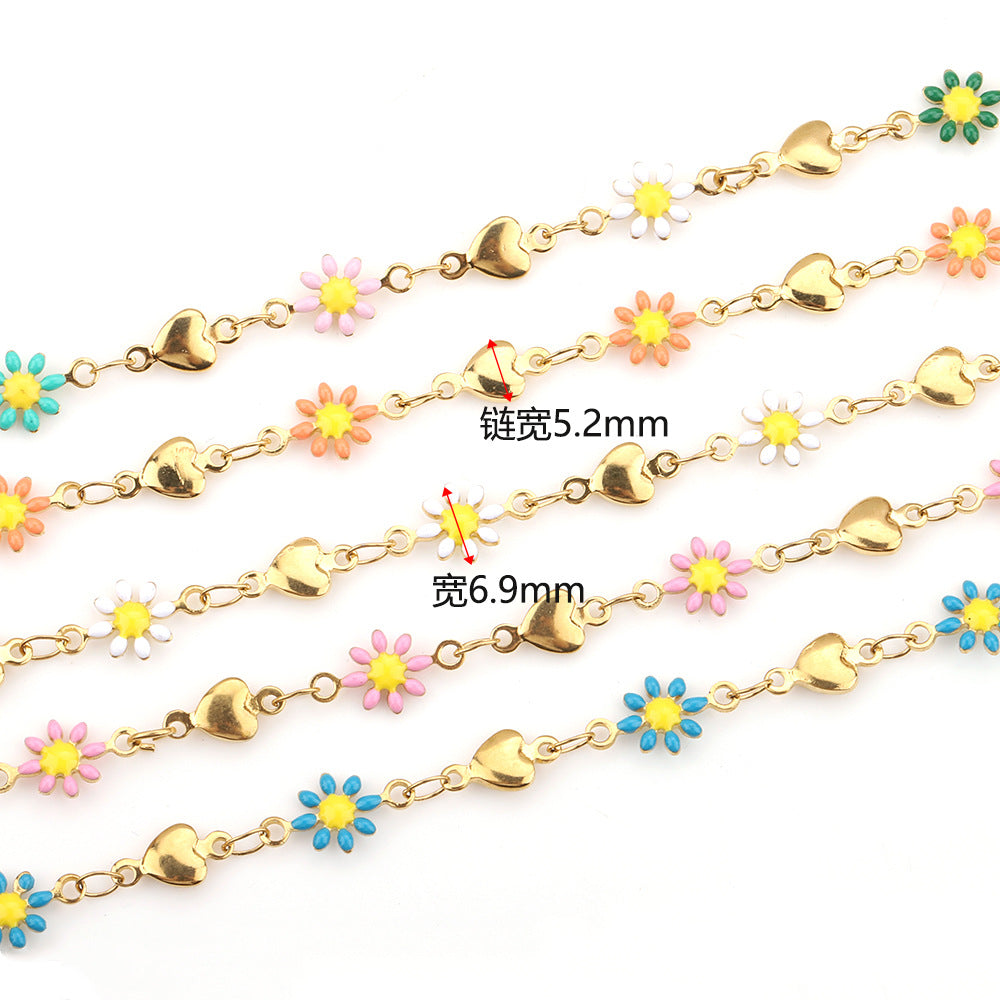 C1291 Daisy and Heart Enamel Chain-Vacuum Plating Waterproof Stainless steel chain