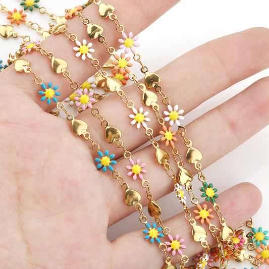 C27 Daisy and Heart Enamel Chain-Vacuum Plating Waterproof Stainless steel chain