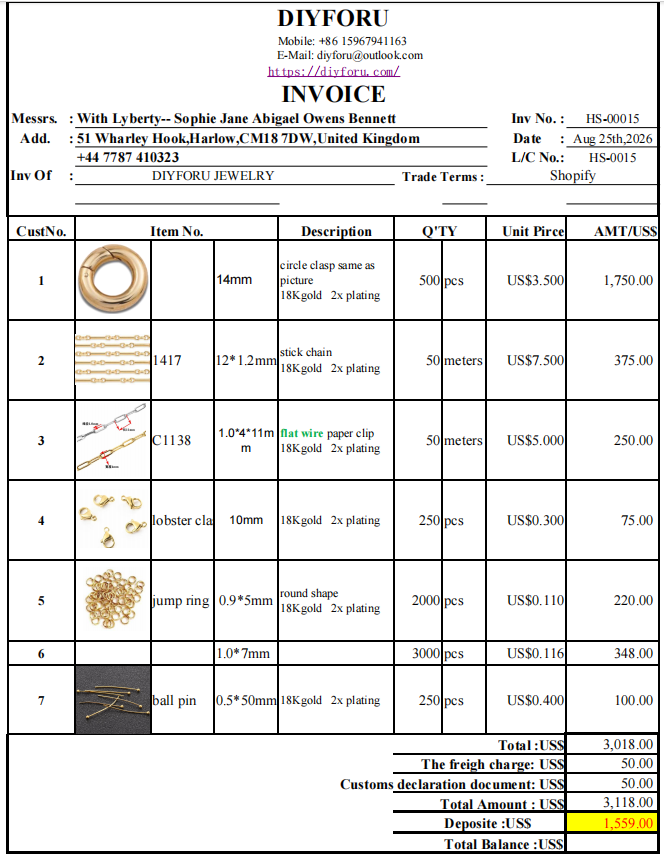 Wholesale order --With Lyberty payment Aug 25th 2026