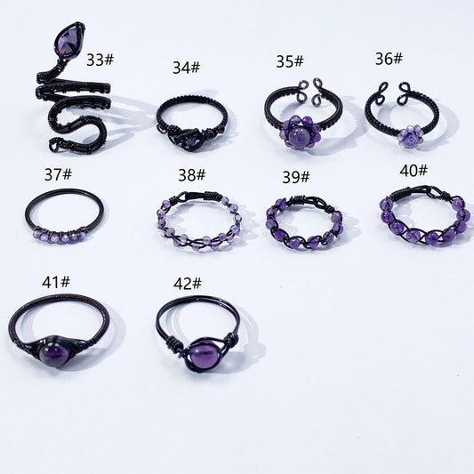 Black rings in Gothic styles,Hand wire wrapped jewelry with Amethyst crystals,Natural crystal Jewelry