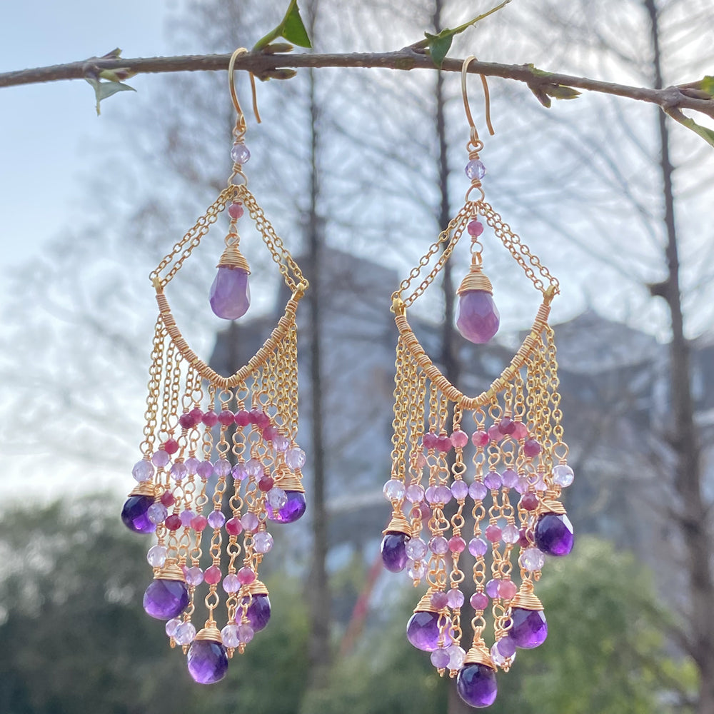 Wire Wrapped Amethyst Earrings,Boho Style Long Drop Earring,Unique Gift for her