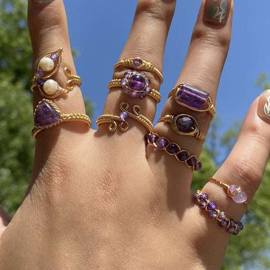 Purple Rings,Amethyst Crystal rings made by hand,Non-Tarnish wire wrap rings for girls