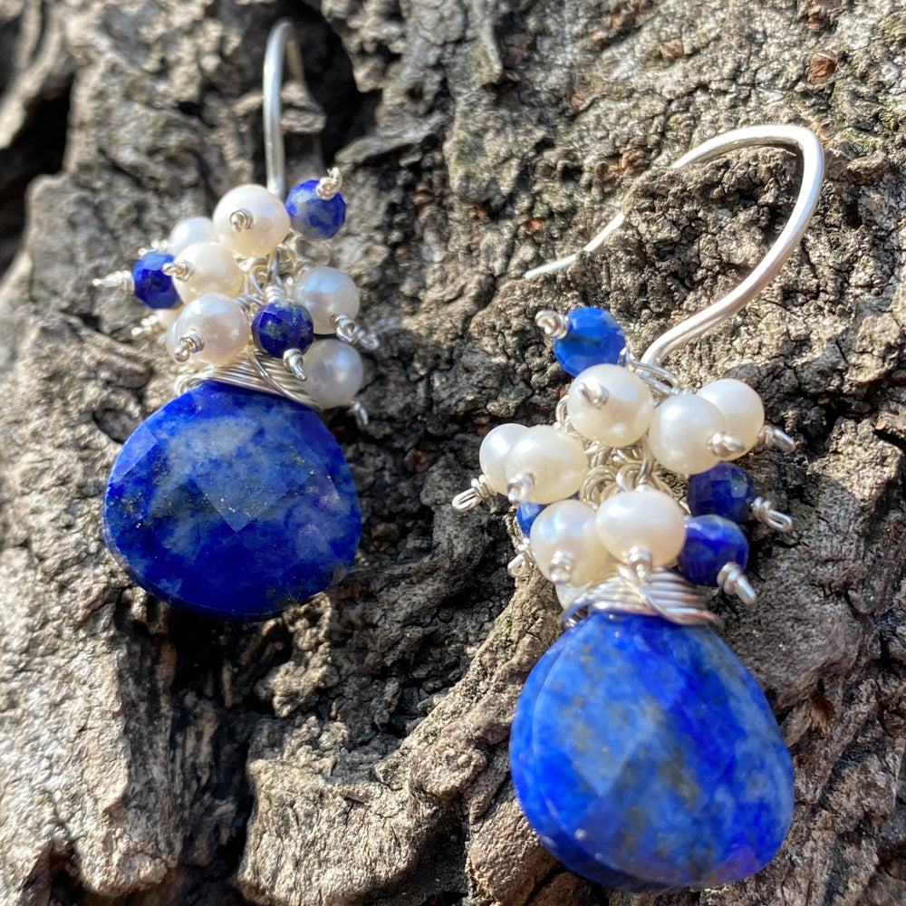 Wire wrapped Lapis drop earring,Boho style earring with S925 Hook