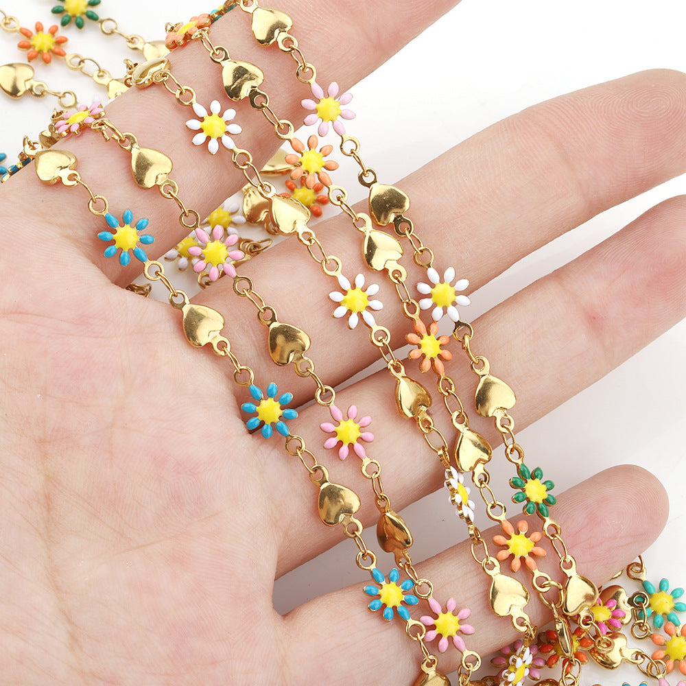 C1291  Daisy and Heart Enamel Chain-Vacuum Plating Waterproof Stainless steel chain